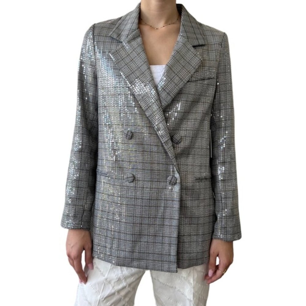 Jason Wu Gray Double Breasted Plaid Sequin Blazer
